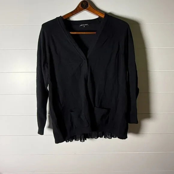 Leo & Ugo Black Back Ruffle Detail Button/Snap Front Cardigan Front Pockets Sz 4